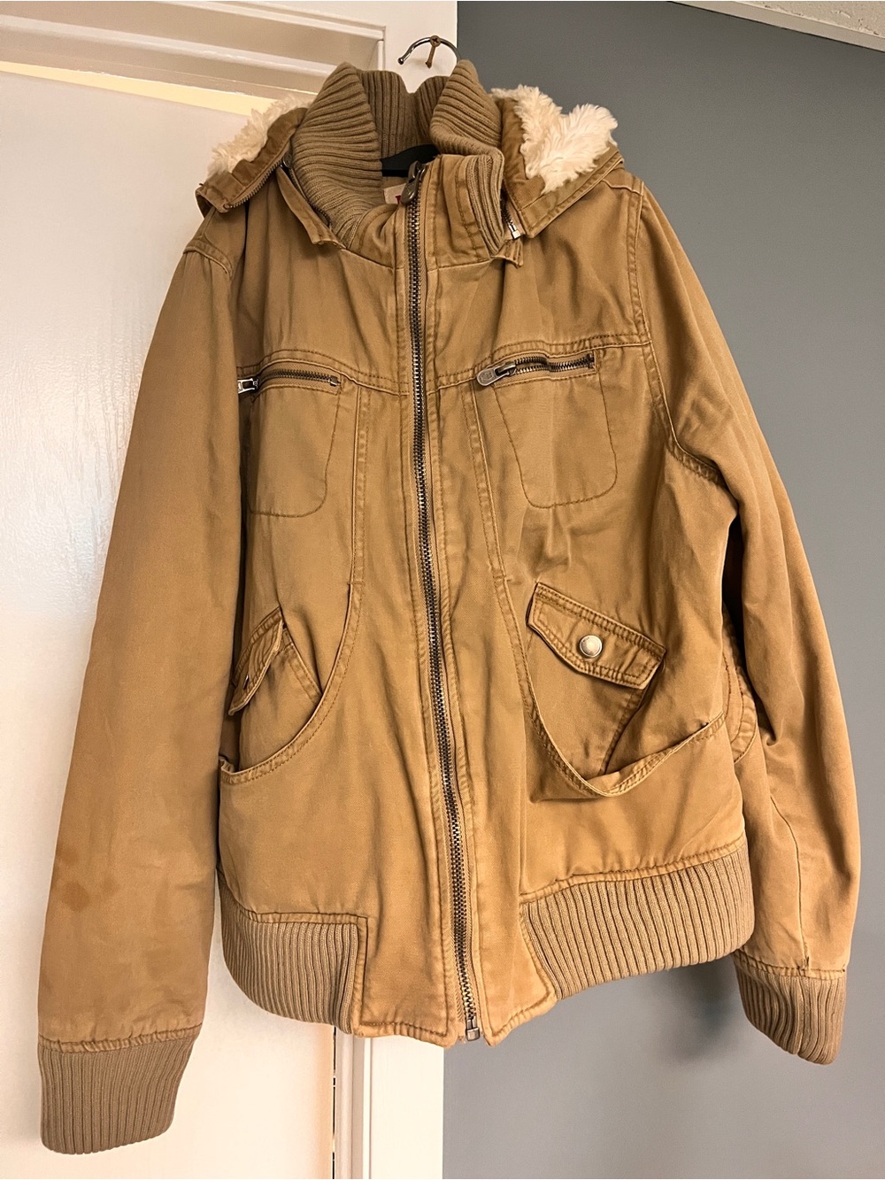Mossimo Supply Co. Tan Hooded Field Jacket with Faux-Shearling Trim